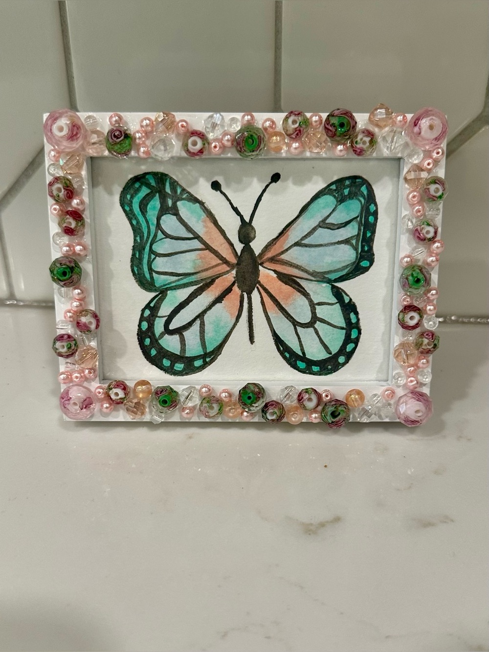 Handcrafted Beaded Mini Photo Frame 3x4 with Watercolor Butterfly Art